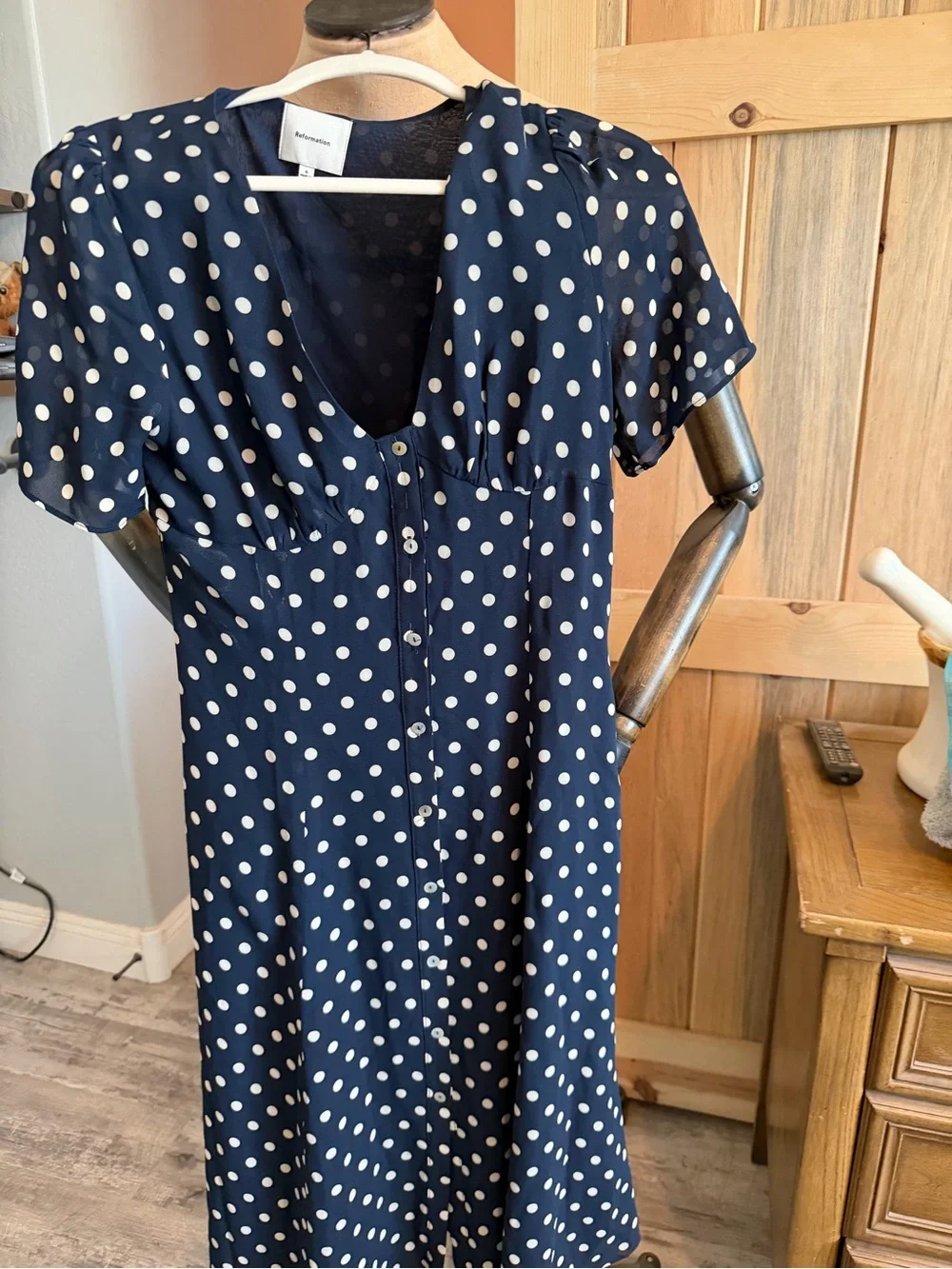 Reformation Navy Polka Dot Button-Front Dress - Picture 3 of 4